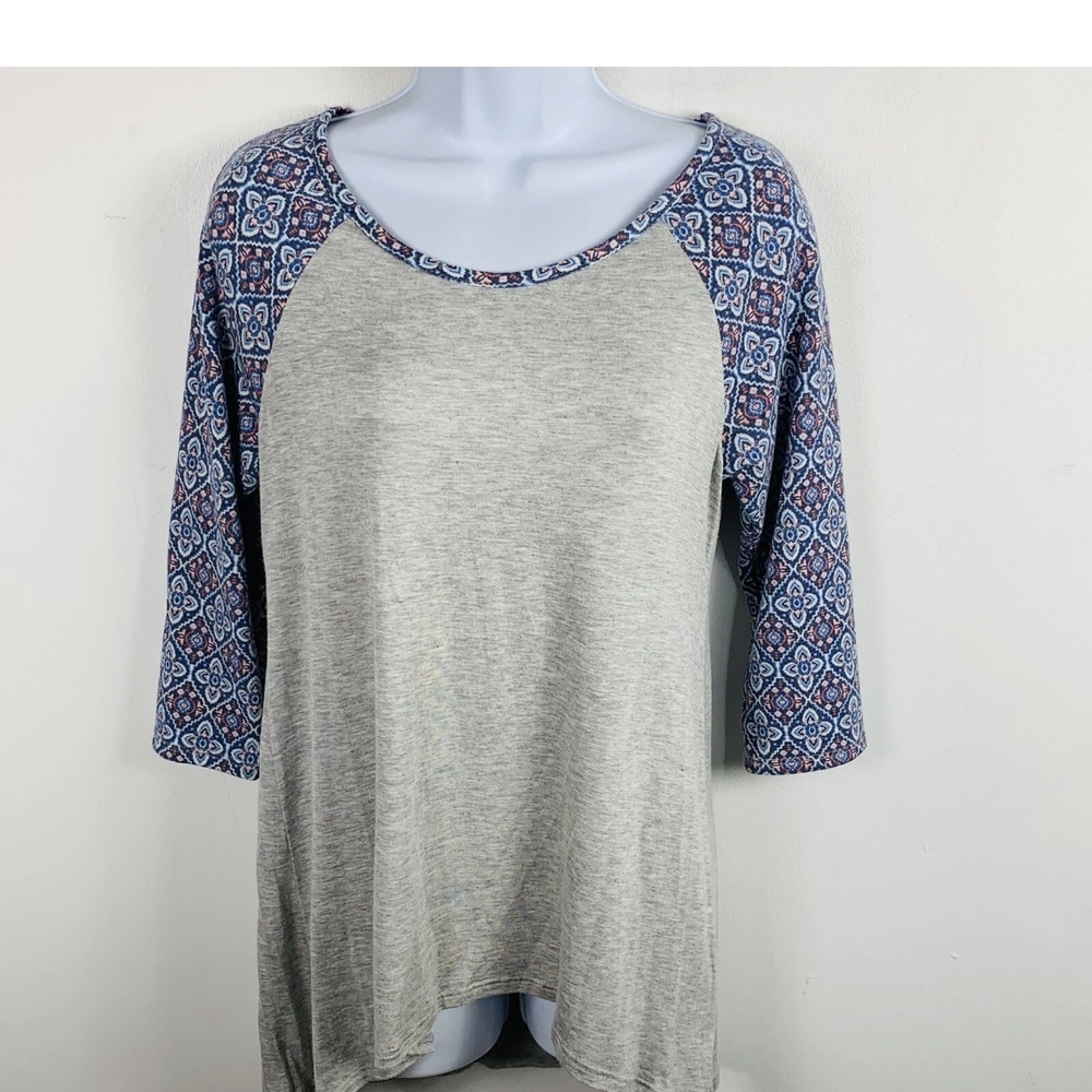 1007 Threads Studio Women's Top Sz M Gray Blue Color block Tunic Raglan Sleeves